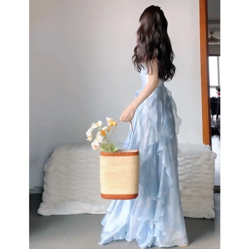 Seaside Vacation Style Blue Strap Dress for Women New Niche Design Fairy Skirt