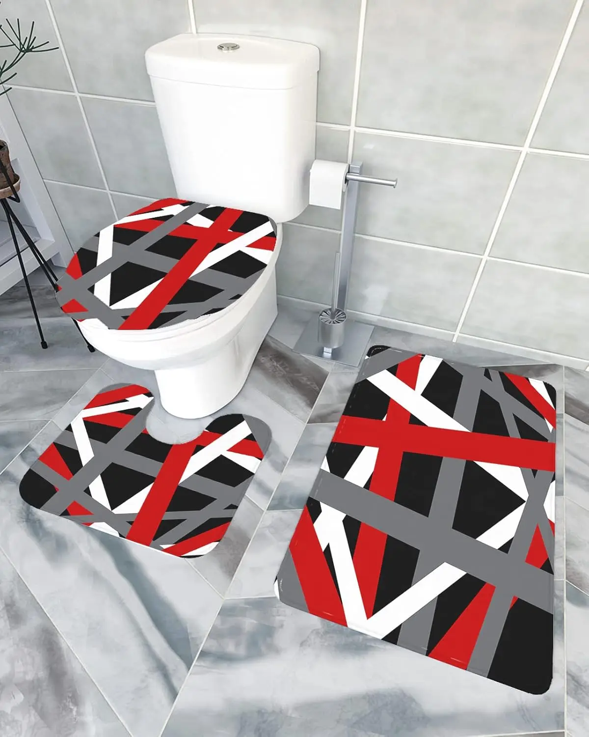 

Bathroom Rug Set 3 Piece Non Slip Bath Mat Geometric Red White Grey Stripe Decor Floor Doormat-Water Absorbent Toilet Lid Cover