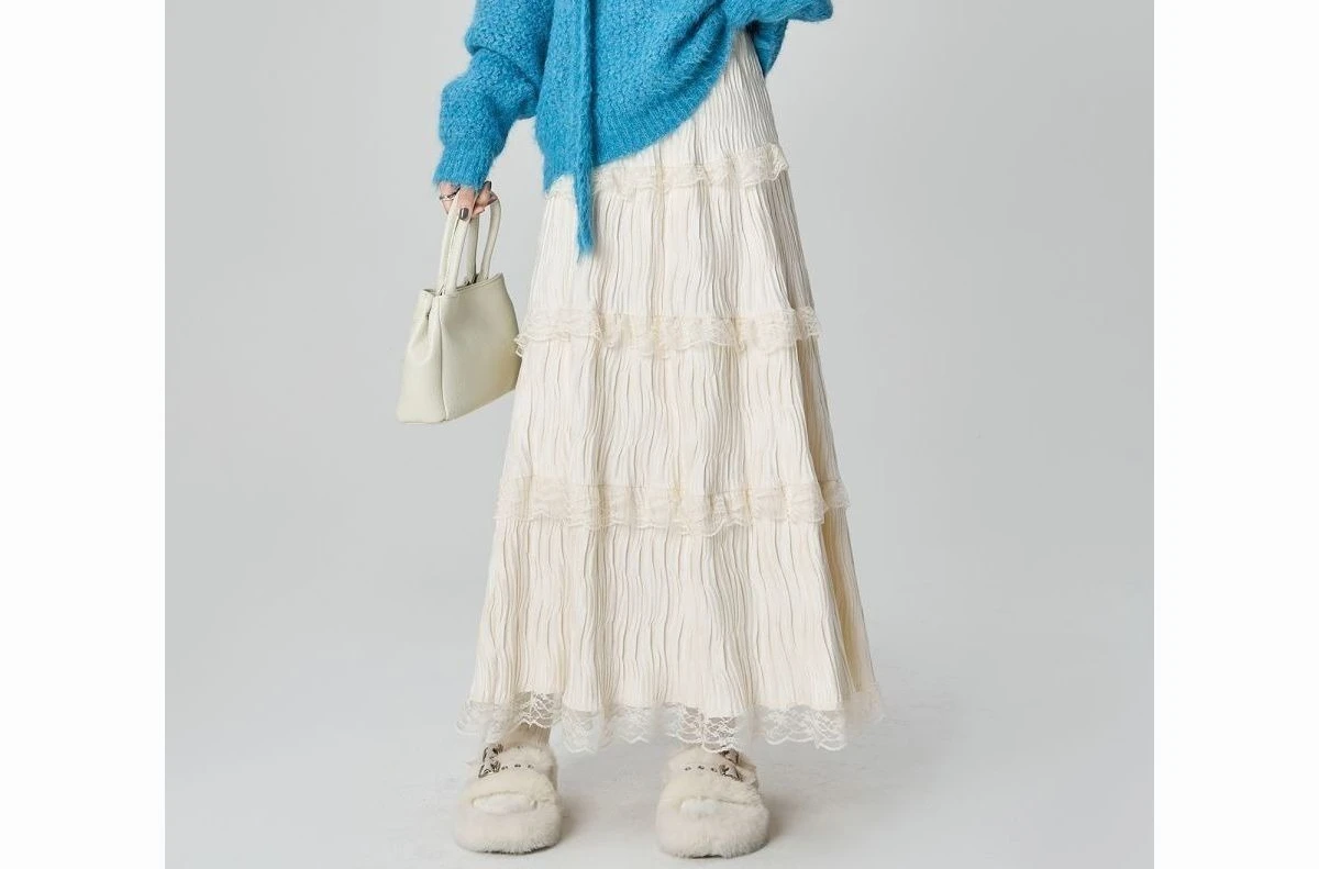 กระโปรงผ้าไหมลายลูกไม้สำหรับผู้หญิง สไตล์ฤดูใบไม้ร่วงและฤดูหนาวแบบอ่อนโยน กระโปรงทรงเค้กสไตล์นางฟ้า เอวสูงแบบยางยืด กระโปรงทรงเอ ยาว