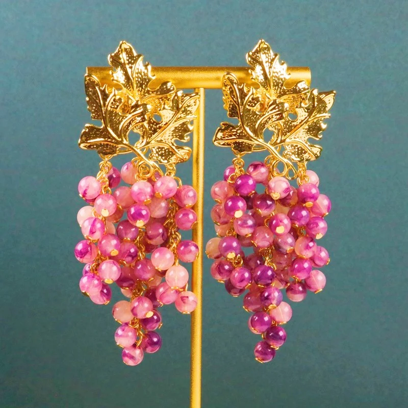 

Medieval grape long luxury exquisite handmade skewers Bead stud earrings