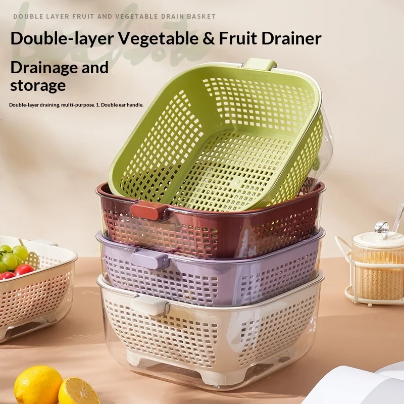 Kitchen Double Drain Basket Washing Vegetable Basket Thickened Transparent Drain Basin Multifunctional Fruit and Vegetable Basin