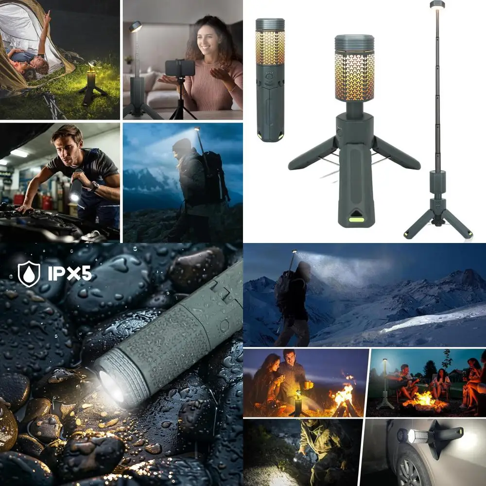 โคมไฟตั้งแคมป์แบบชาร์จไฟได้แบบพกพาพร้อมแบตเตอรี่ 10500mAh, ไฟ LED กันน้ำ, ฐานแม่เหล็ก และกระเป๋าเก็บของ - สีเทา