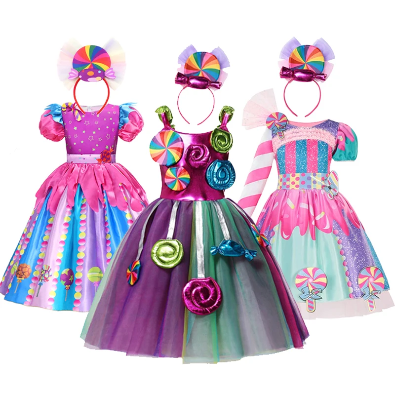 Girls Candy Fairy Lollipop Cosplay Carnival Costume Toddler Purim Rainbow Vestidos Girls Birthday Party Dress