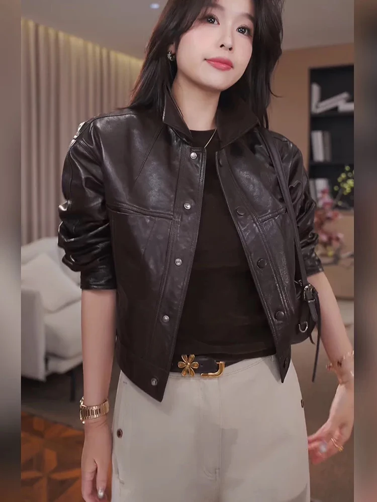 Women Spring Black Casual Classic Genuine Sheepskin Leather Jacket Coat Autumn Coffee Real Leather Turn Down Collar Jacket
