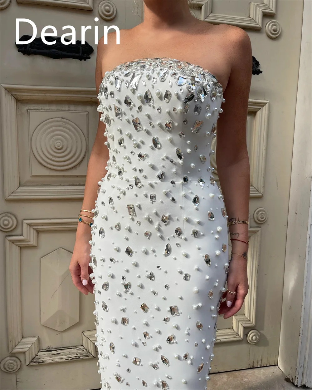 

Customized Women Evening Dress Formal Dearin Strapless Column Ankle Length Skirts Applique Bespoke Occasion Dresses Prom Gown