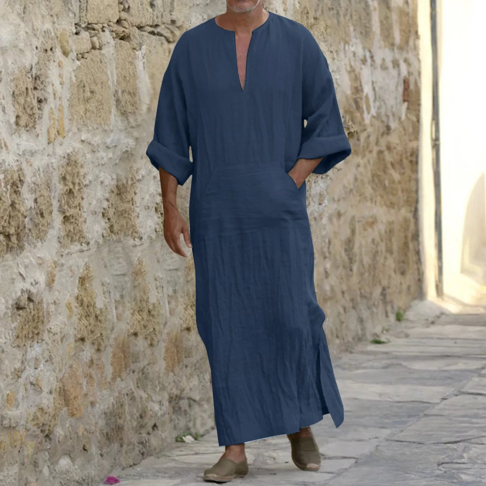 Robe musulmane à col en V pour hommes avec poches décontractées, manches longues, robe ethnique arabe vintage, vêtements islamiques Abaya masculins