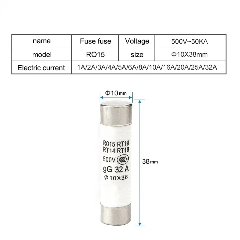 10Pcs 10*38 Fast Blow Ceramic Fuse 10x38mm Fuse 500V  2A 4A 6A  10A 16A 20A 25A 32A  RO15 RT19 RT14 RT18