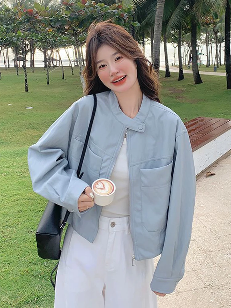 Zoki-Chaqueta de motociclista de Pu para mujer, abrigo corto Vintage de estilo Preppy con bolsillos grandes, Tops bonitos informales coreanos de manga larga Retro con cuello redondo