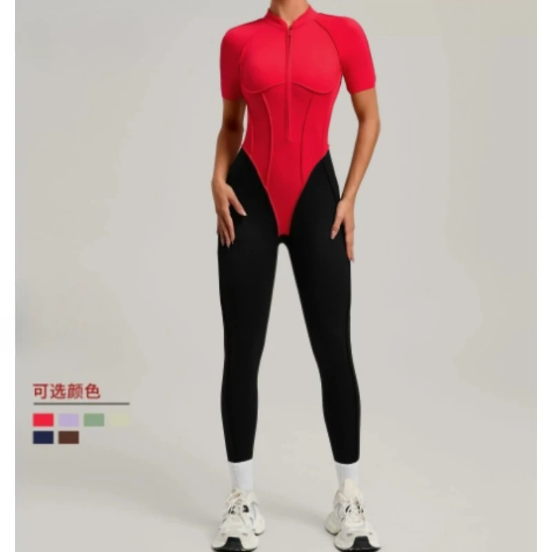 

Новый нейлоновый высокоэластичный встроенный бюстгальтер на молнии, комбинезон для фитнеса, с короткими рукавами, цвета, боди для тренировок, йоги для женщин с открытой спиной