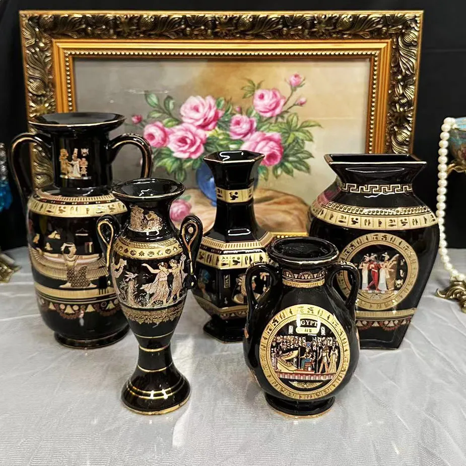 Luxury Ancient Egyptian Black Vase Greek Myth Gold Painted Double Handled Vase Decor Pyramid
