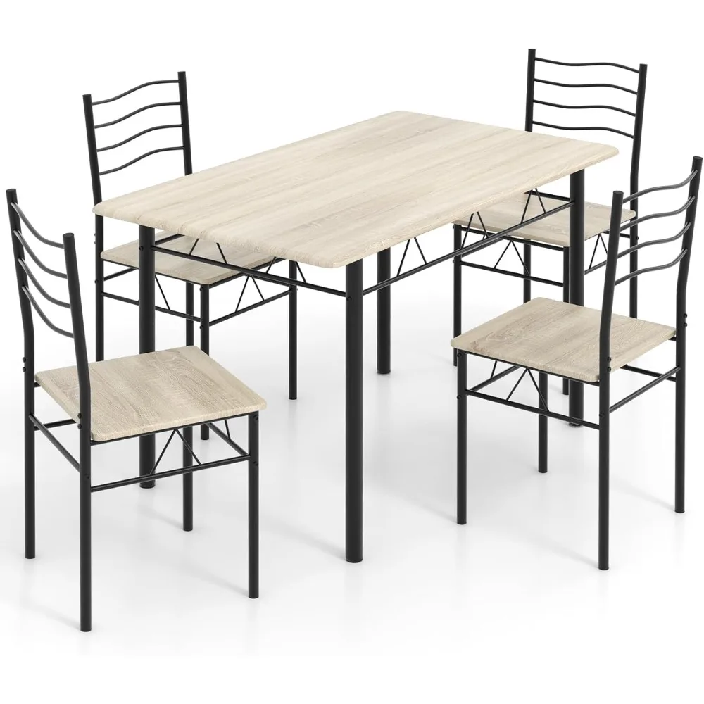 

5 PCS Dining Table Set Counter Height Table and Chairs Set W/Steel Structure Dining Desk, 4 High Backrest Chairs & Anti-Slip Pad
