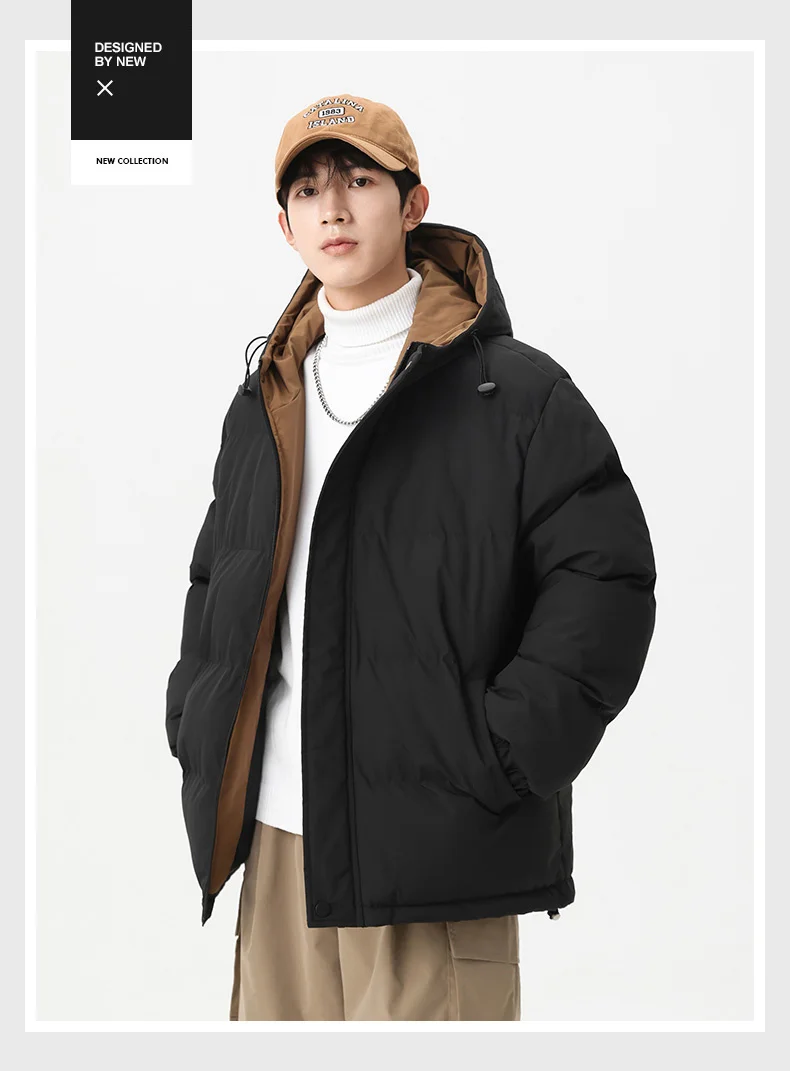 Winter Solid Color Hooded Parkas for Men New Style Comfortable Warm Cotton Coats Fashion Thicken Outerwear Outdoor Windproof