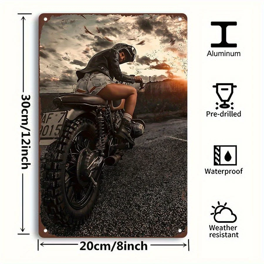Vintage Motorcycle Metal Wall Art - Retro Garage Decor with Sexy Rider, Aluminum Poster High Quality & Weather-Resistant Ea