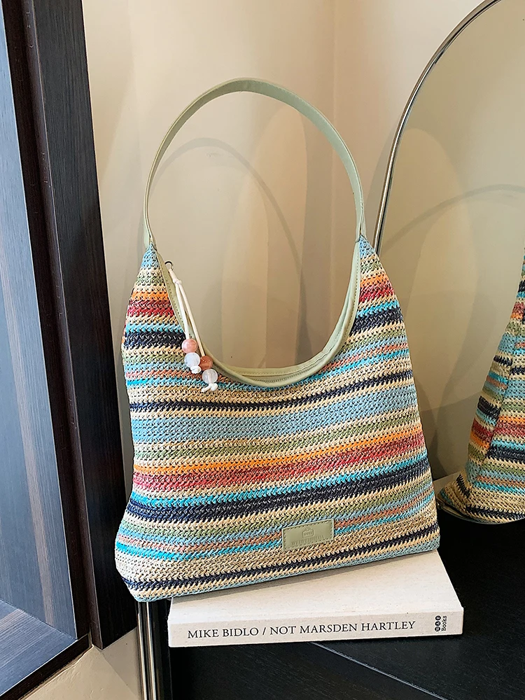 

Summer Large Capacity Rainbow Straw Woven Bag Women 2024 New Commuter Shoulder Tote Bags Stripe Travel Shopping Wallet Handbag