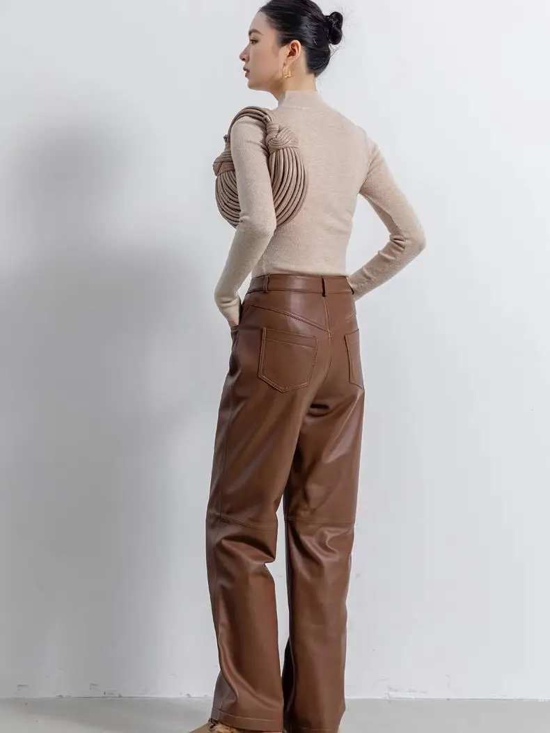 Women's Retro-Style Sheepskin Leather Pants Wide-Leg Straight-Leg Casual Flowing Genuine Leather Trousers