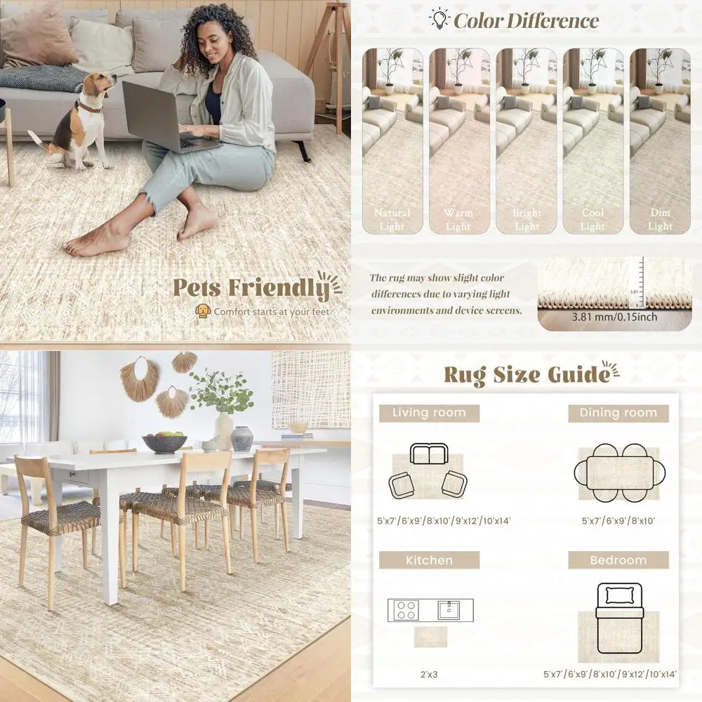 

6x9 Area Rugs for Living Room: Washable Moroccan Geometric Boho Rug Farmhouse Non Slip Stain Resistant Large Rug Low Pile Soft C