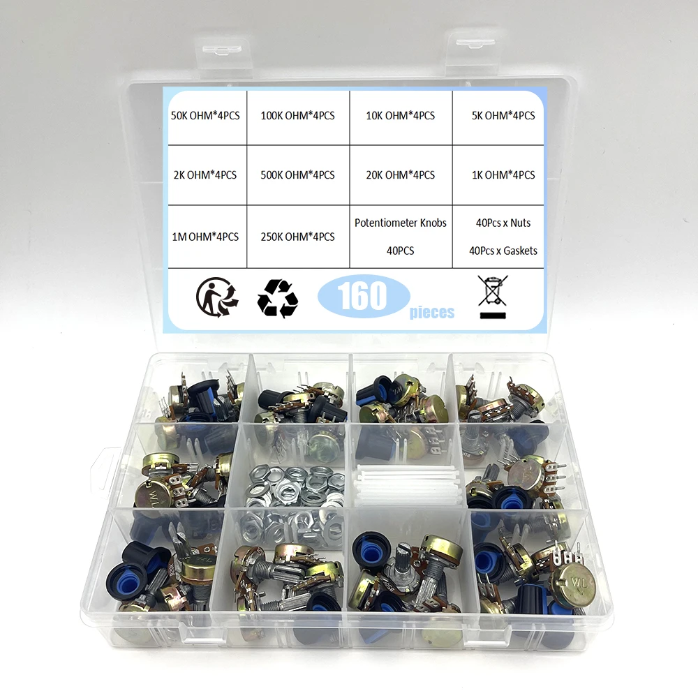 

160 шт./кор. WH148 15/20 мм комплект одиночного потенциометра B1K/5K/10K/20K/50K/100K/500K/1M с набором ручек, гайки вала