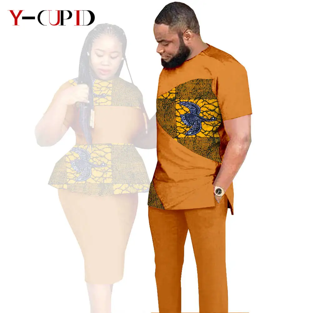 African Clothes for Couples Dashiki Women Patchwork Print Dresses Matching Men Outfit Top and Pants Sets Love Party Wear S20C010