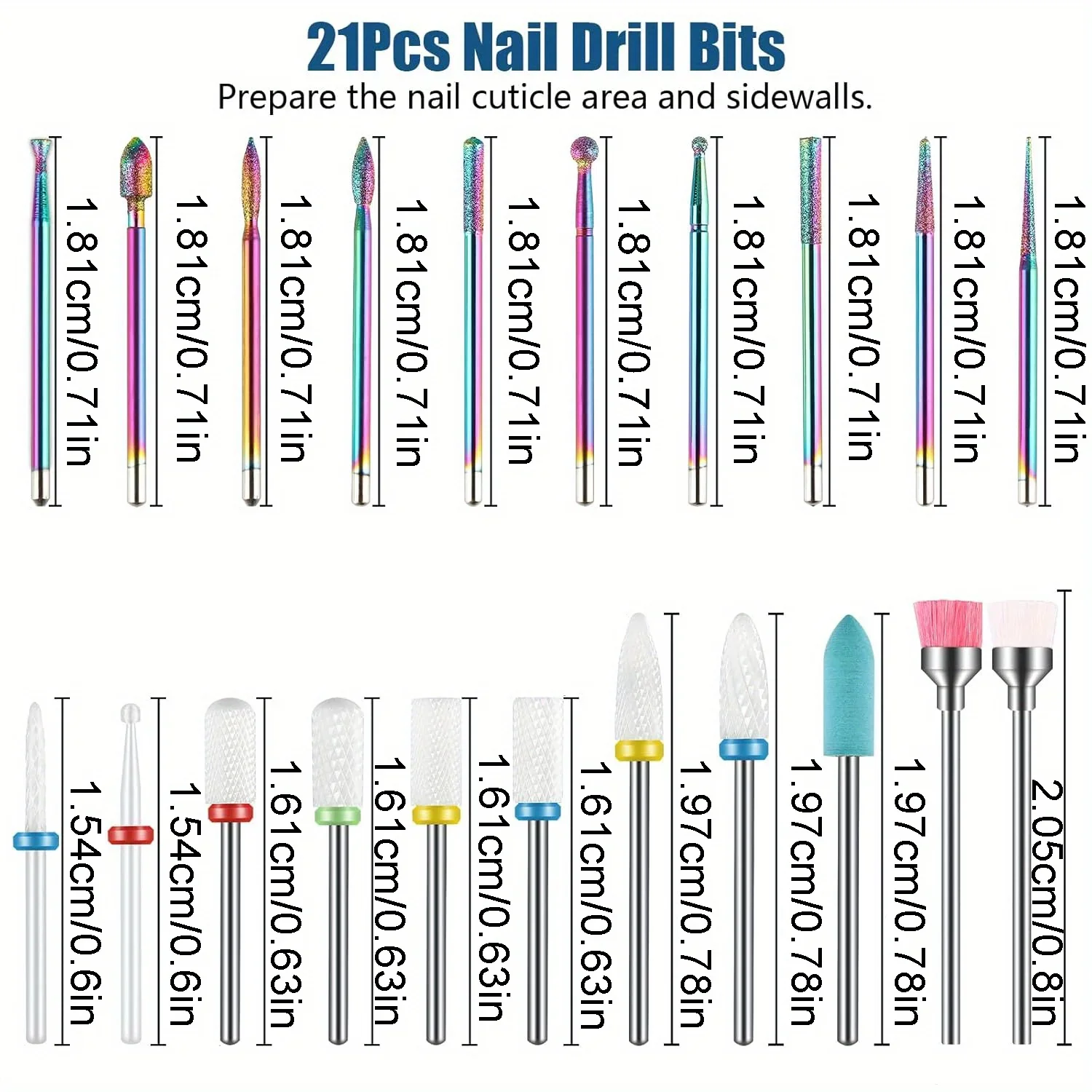 3/32 en KIT-21 ensemble de forets pour Nail Art, lime à ongles électrique pour cuticules en diamant et Kit de forets pour ongles en Gel acrylique et céramique