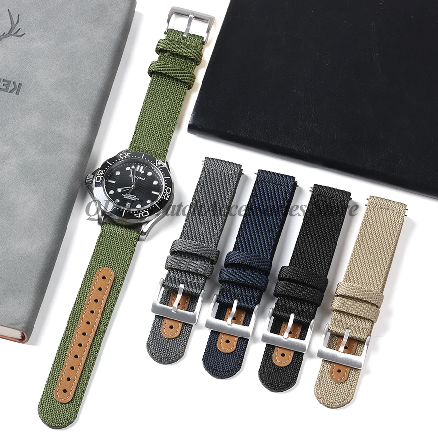 Weave Nylon Leather Strap Fabric Watch Replacement Army Green Khaki Watchband 18mm 20mm 22mm Quick Release Watch Band Wristbelts