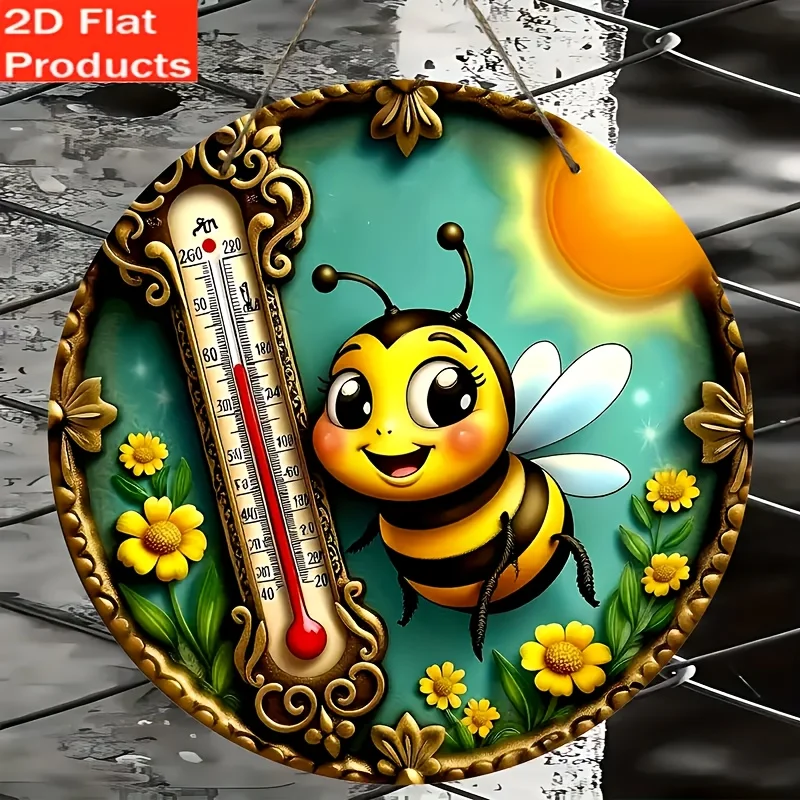 2D Flat Decorative Sign And Pendant - 1pc Classic Bee And Thermometer Plaque, Wooden Round Sign with Vibrant Floral And Bee Desi
