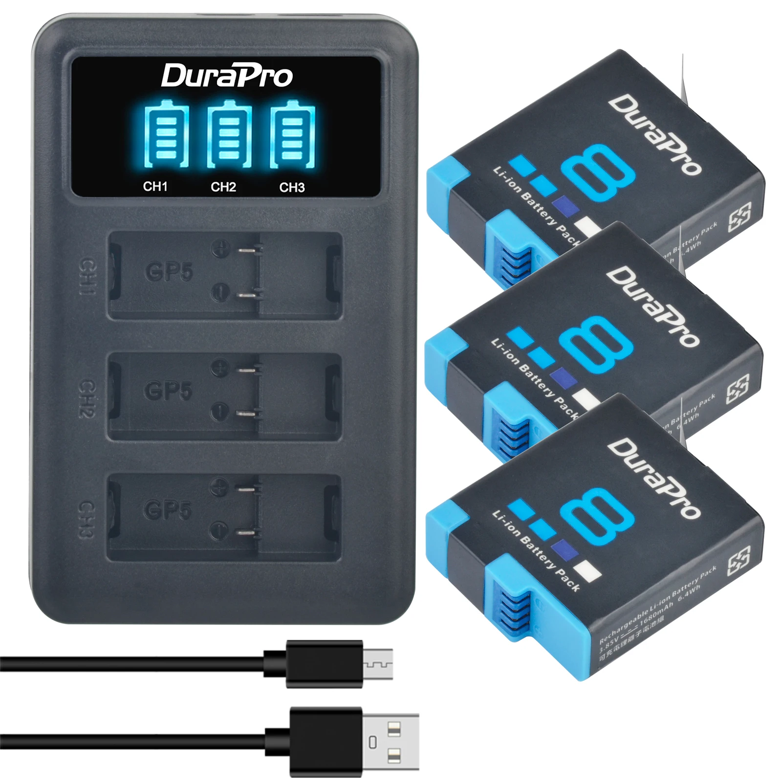 DuraPro 1680mAh Battery for GoPro hero 8 +LED 3Slots Charger For GoPro Hero 8 Go Pro hero 7/6/5 Action Cameras