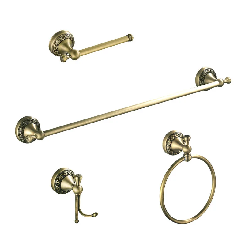 Bronze Brass Embossed Pattern 4 Piece Bathroom Hardware Pendant Toilet Paper Holder Towel Ring Towel Bar 60 CM Clothes Hook