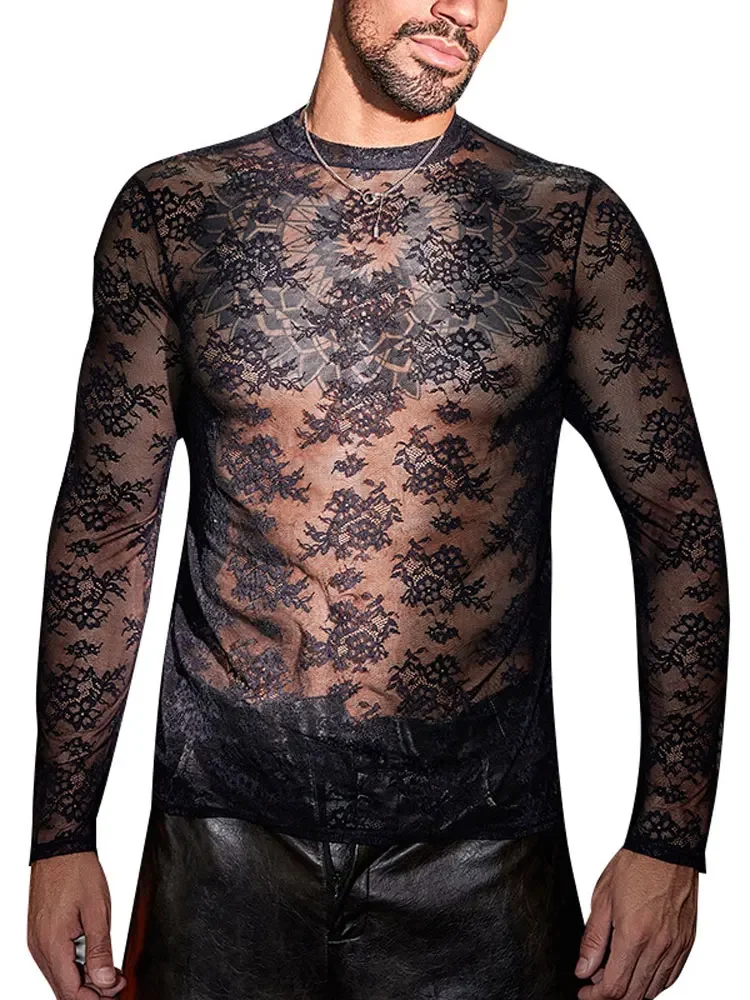 Men's Shirts Sexy Lace Mesh Sheer See Through T-shirts Night Club Dance Wear Long Sleeve Tops Blouse Man Clothing Fashion Print