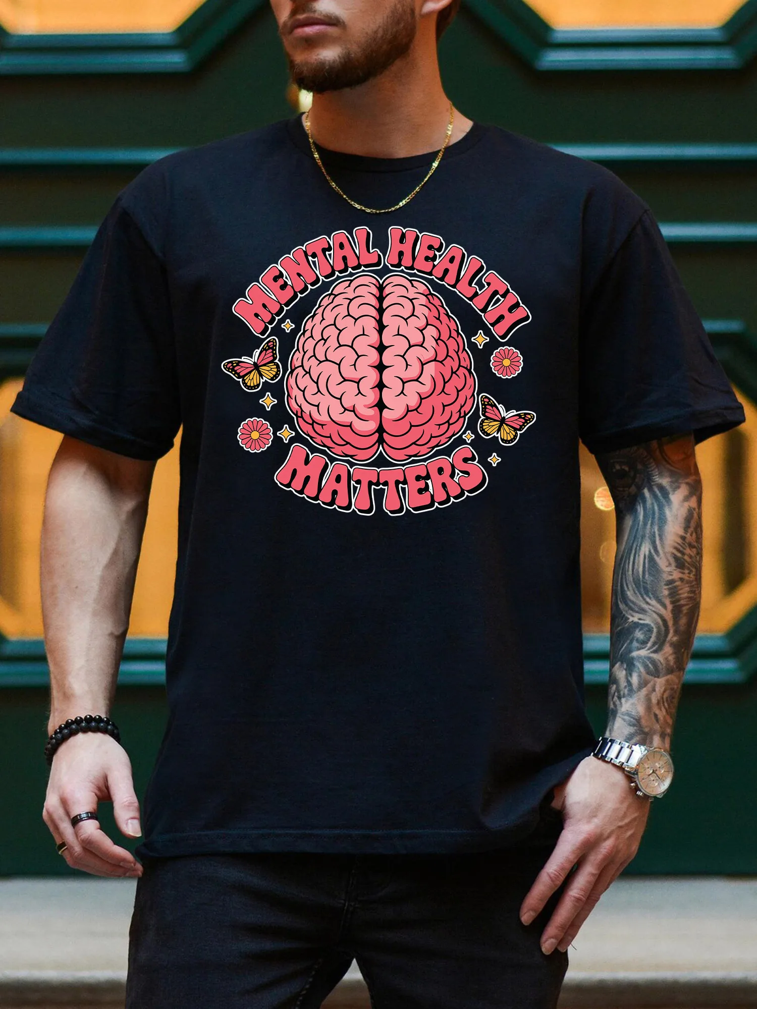 

Metal Health Matters Men's Graphic Tee, 100% Cotton Casual Black T-Shirt, Lightweight Crew Neck Tee