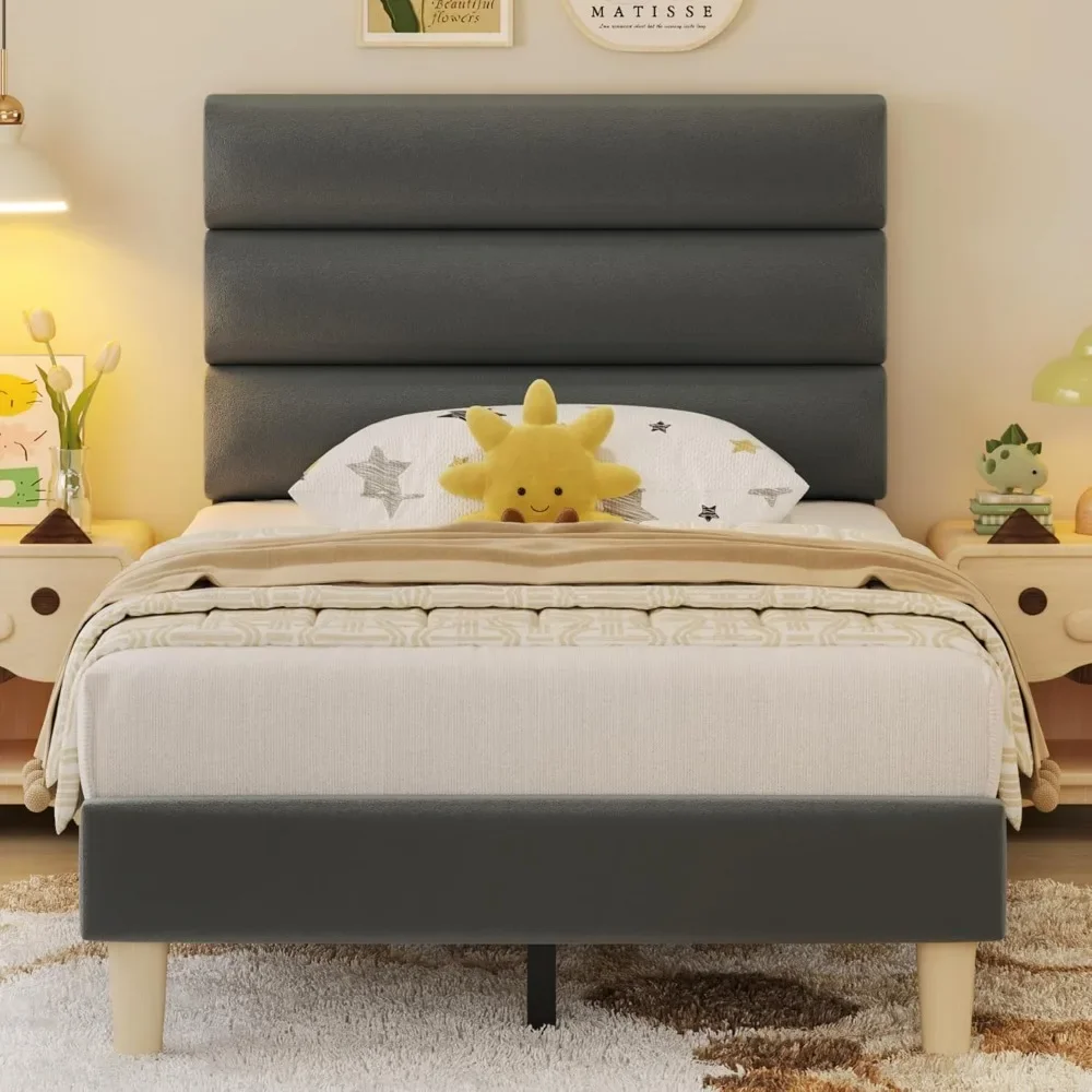 

Velvet-Headboard Platform Twin Bed Frame, No Box Spring Required, Metal Support, Quiet and Stable