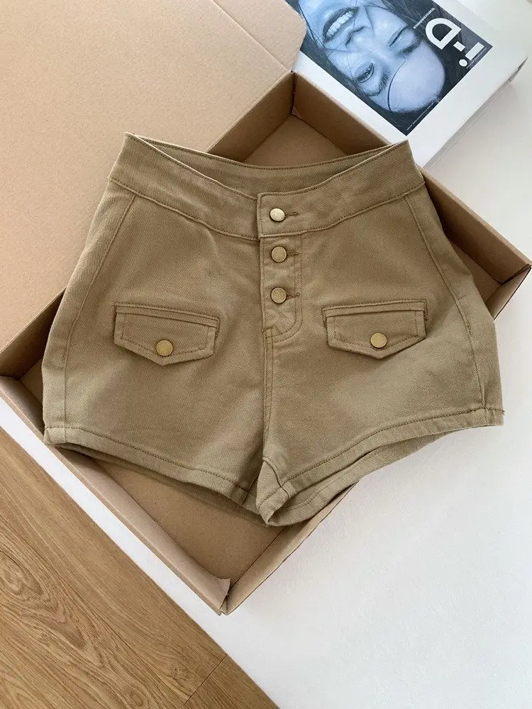Khaki High-waisted A-word Denim Shorts for Women Summer New Spice Girl Hip-wrapped Y2k Shorts Hot Pants