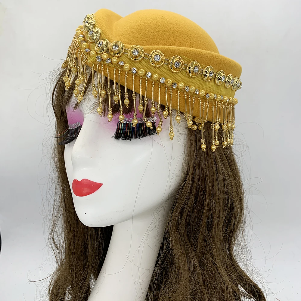 Vintage Felt Turban Hat For Women Church Derby Fascinator With Tassels Lady Beret Caps Airline Stewardess Hat African Headwear 3