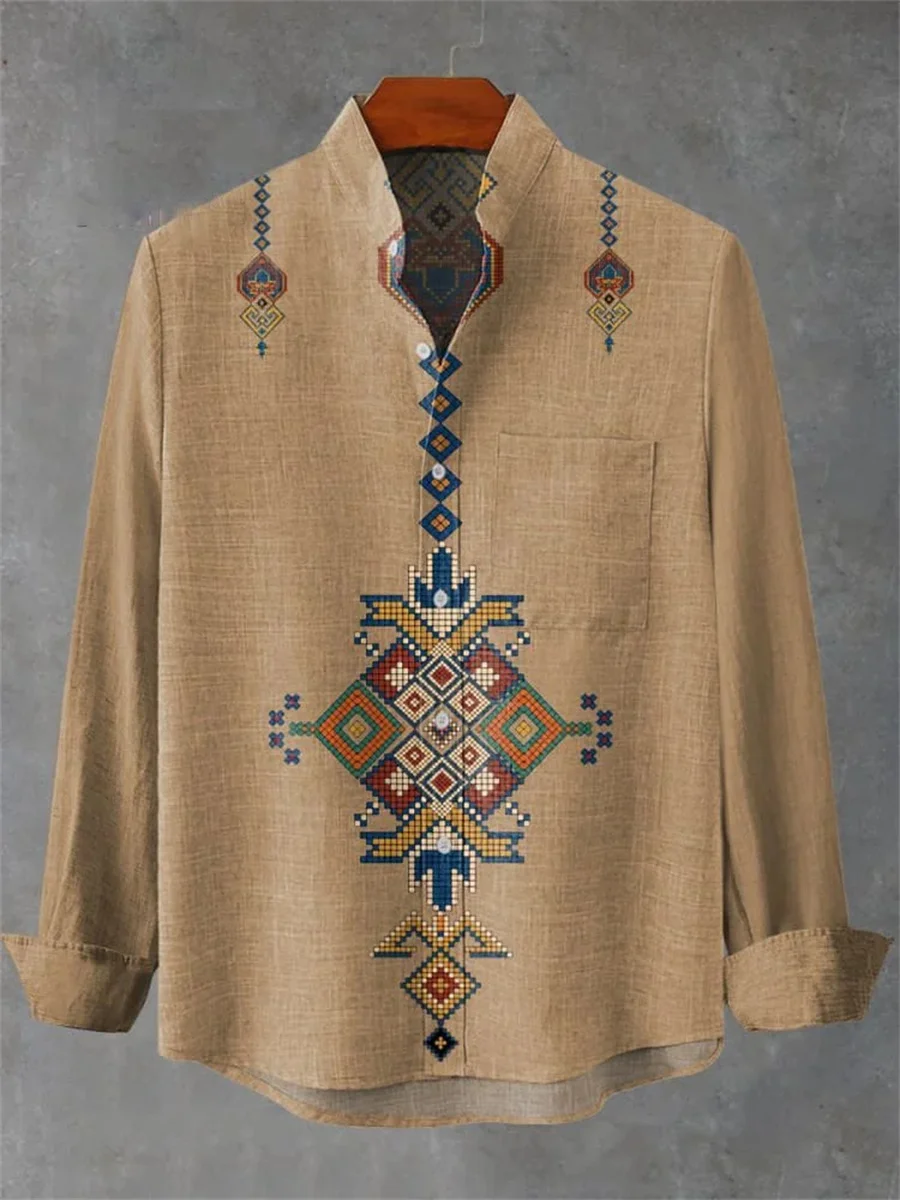

2025 Spring and Autumn Hot Selling Men's Linen Long Sleeve Shirt Retro Pattern Printed Shirt Casual Fashion Top