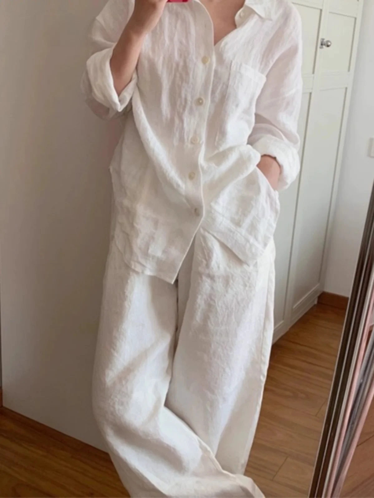 

Faionable Pure Color Cotton Linen Set Long Sve Single Button irt Elastic Waist Wide Leg Pants Two Piece Set