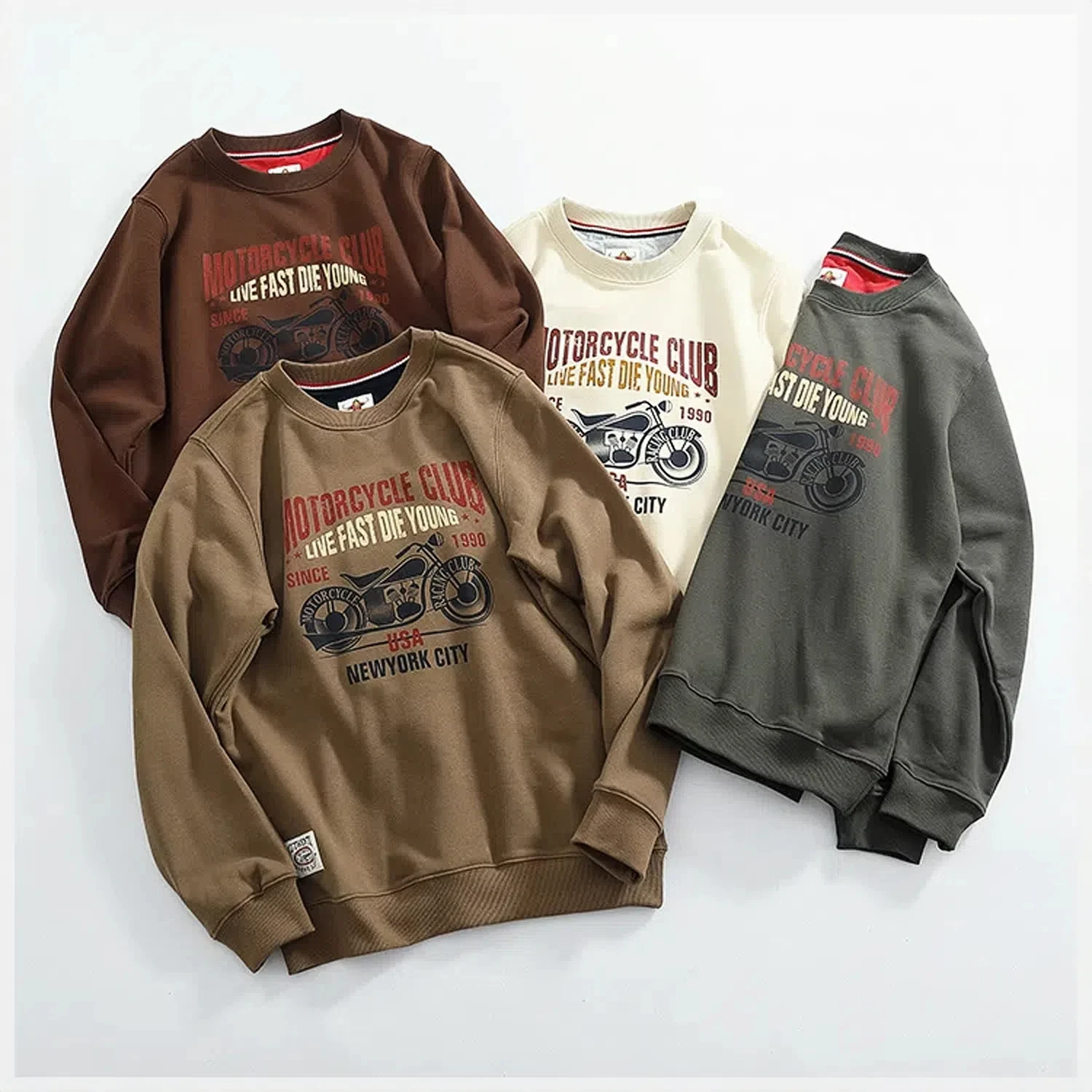 Vintage motorcycle printing thick texture hoodie men's round neck knitted wool circle cloth base shirt top tide