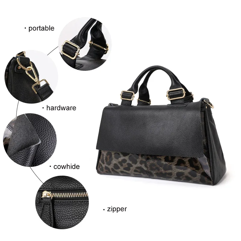 The fashionable leopard print women\'s handbag is made of high-quality cowhide and is a large and beautiful bag