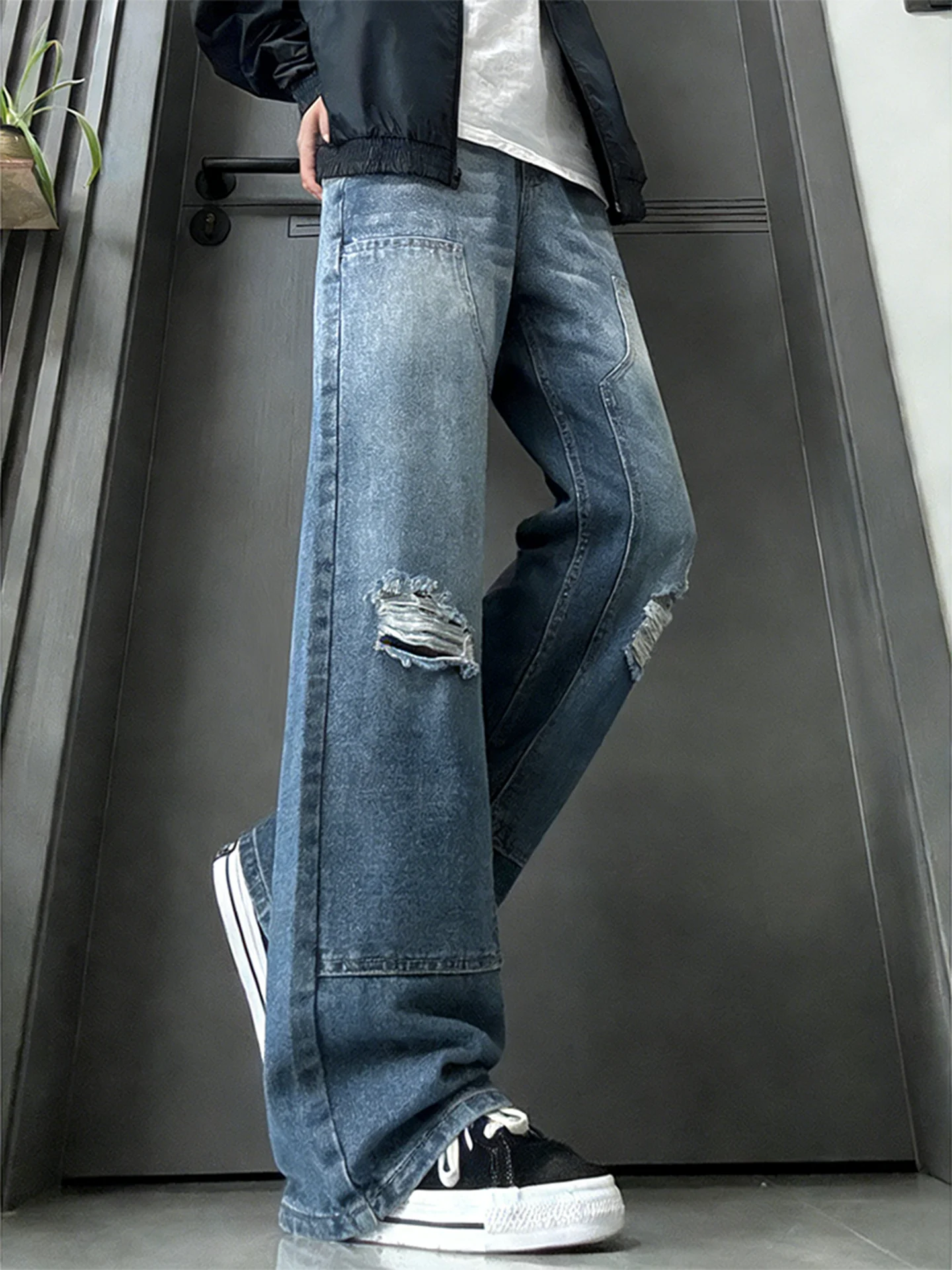 

Blue Ripped Denim Jeans Men's American High Street Straight Leg Slimming Micro Flared Loggers Workwear Cotton Polyester Blend