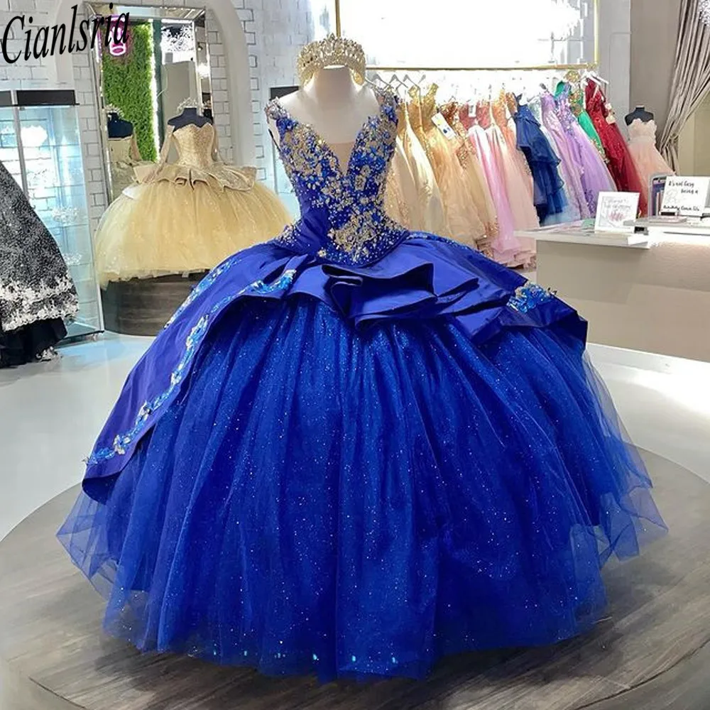 Vestido azul real de quinceañera, dulce vestido de encaje dorado mejicano de 16, tafetán hinchado, vestido de baile de graduación, vestido de corsé de 15 años