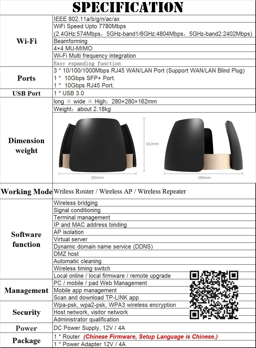 10 Gb/s RJ45 Port WAN/LAN, 2,4 GHz + 5 GHz + 6 GHz, 7780 M WiFi6E Wireless Mesh Router Wi-Fi 6, AX7800 802.11AX SFP+ Port optyczny, USB3.0