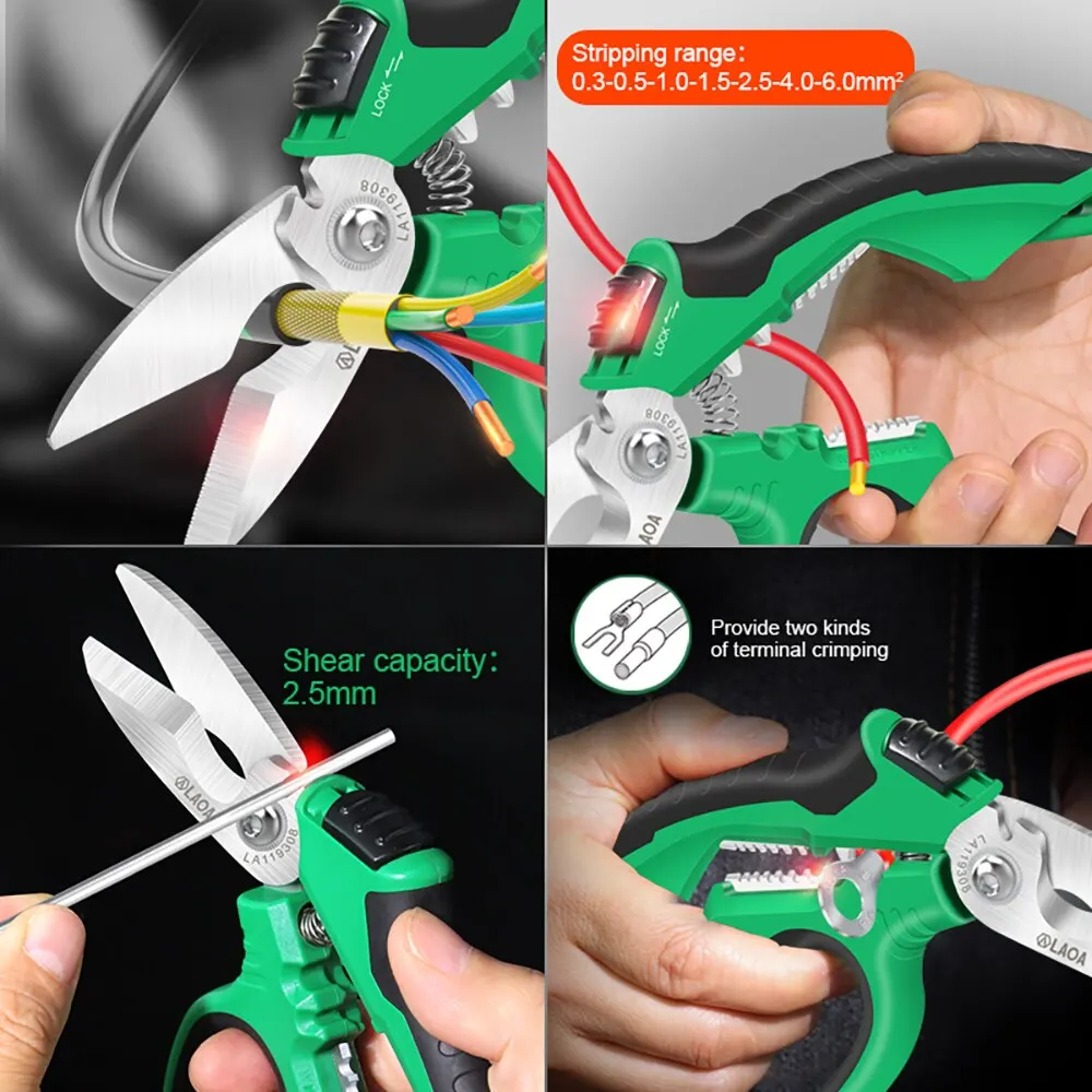 LAOA Electrician Scissors 8Inch Multifunctional Stainless Steel Cable Cutter Multi-Purpose Knife Wire Stripping Crimping Tools