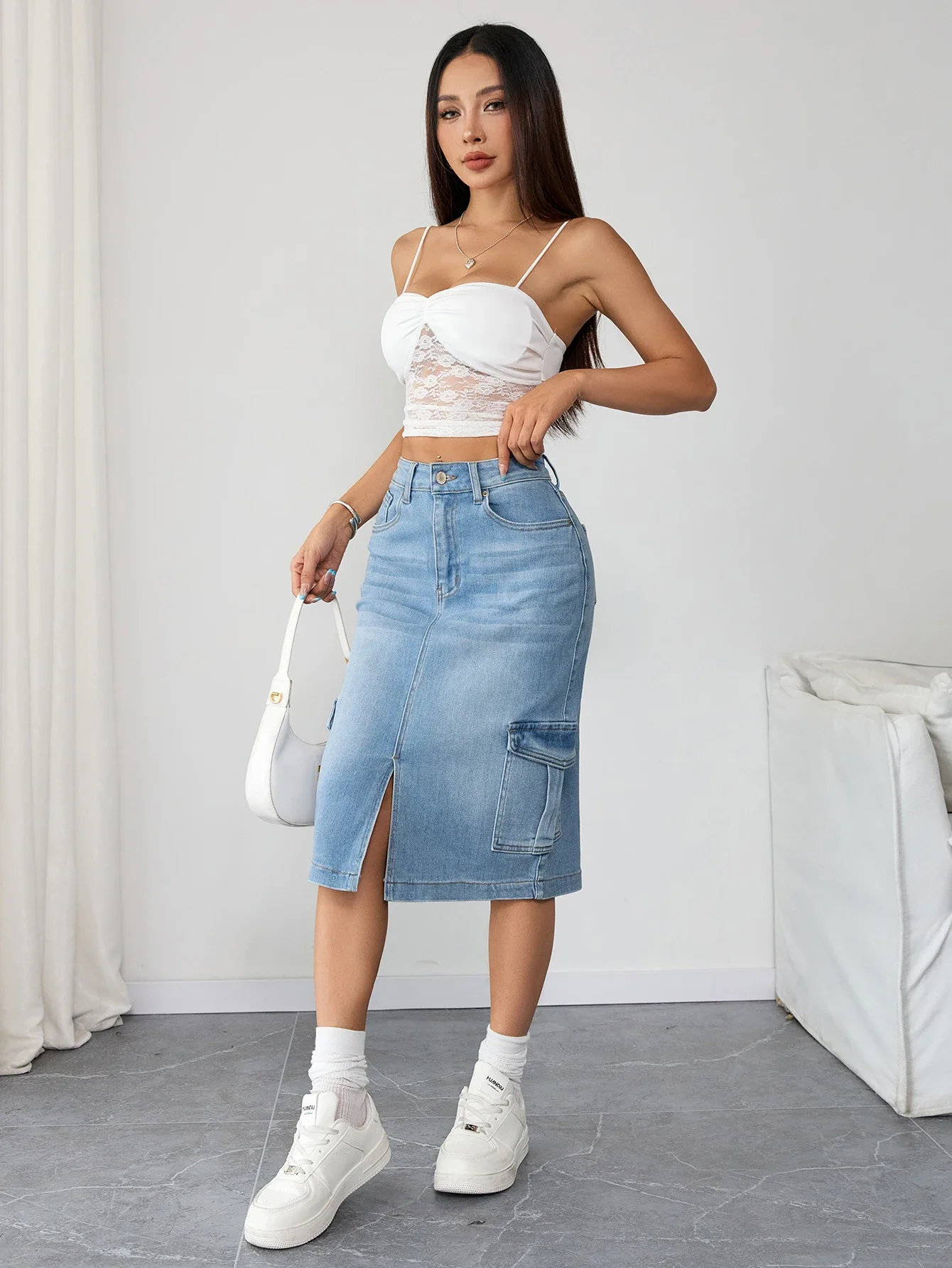 بالإضافة إلى حجم المرأة الدنيم البضائع ميدي تنورة عالية الخصر أزياء الجينز تنورة للنساء متعرج السراويل الأنيقة #1