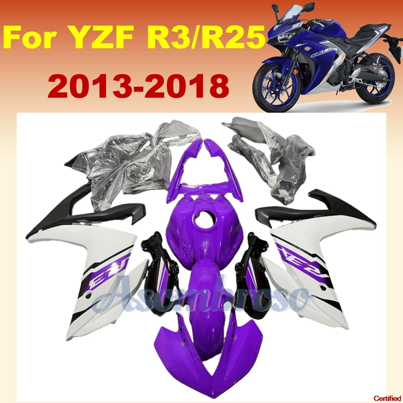 

Подходит для Yamaha YZF R3 R25 2015 2016 2017 2018 YZF-R3 13-18 фиолетовый с белым комплектом обтекателя для мотоцикла