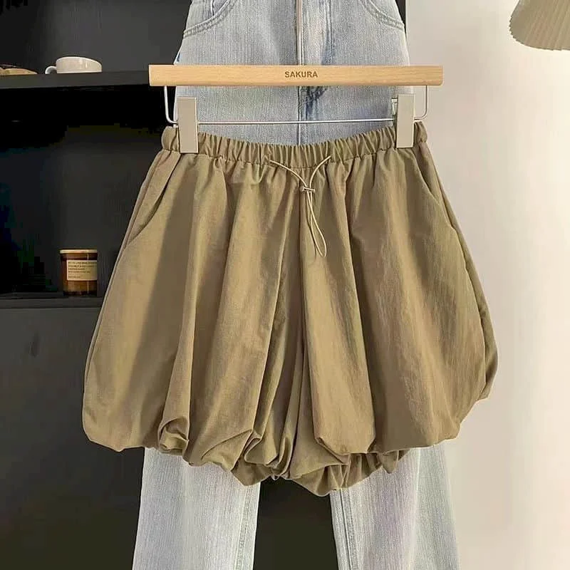 Solid Shorts for Women Casual Loose Flower Bud A-line Wide Leg Fluffy Shorts Elastic Waist Lantern Pants Workwear Women Clothing
