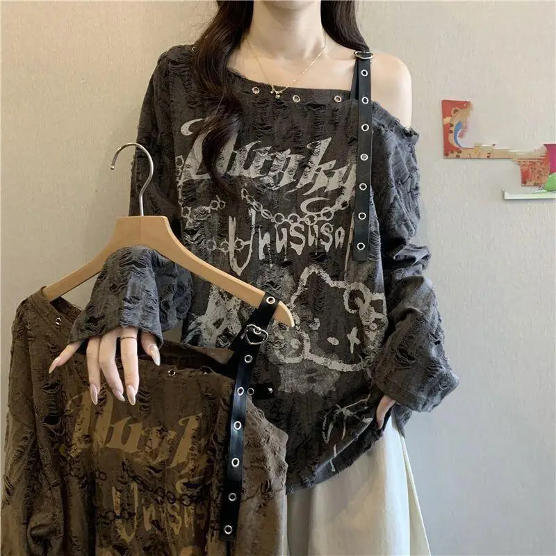 

Женские топы с открытыми плечами в стиле Y2K, с длинными рукавами, в стиле аниме и мультфильмов, кавайные, крутые, повседневные, модные, удобные, мягкие, женская одежда