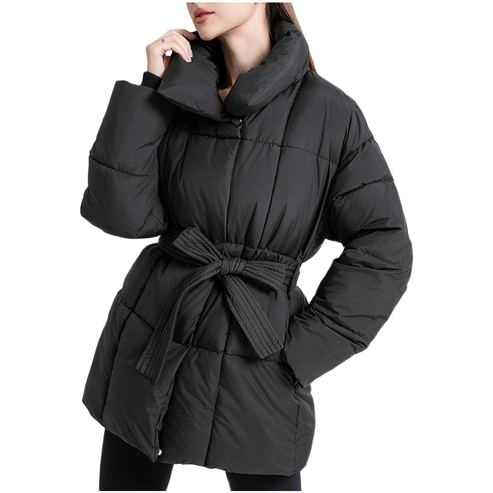 

Women Slim Fit Winter Warm Jacket Belted with Turn Down Collar Thick Coat Outerwear Parka Suitable for Daily Use
