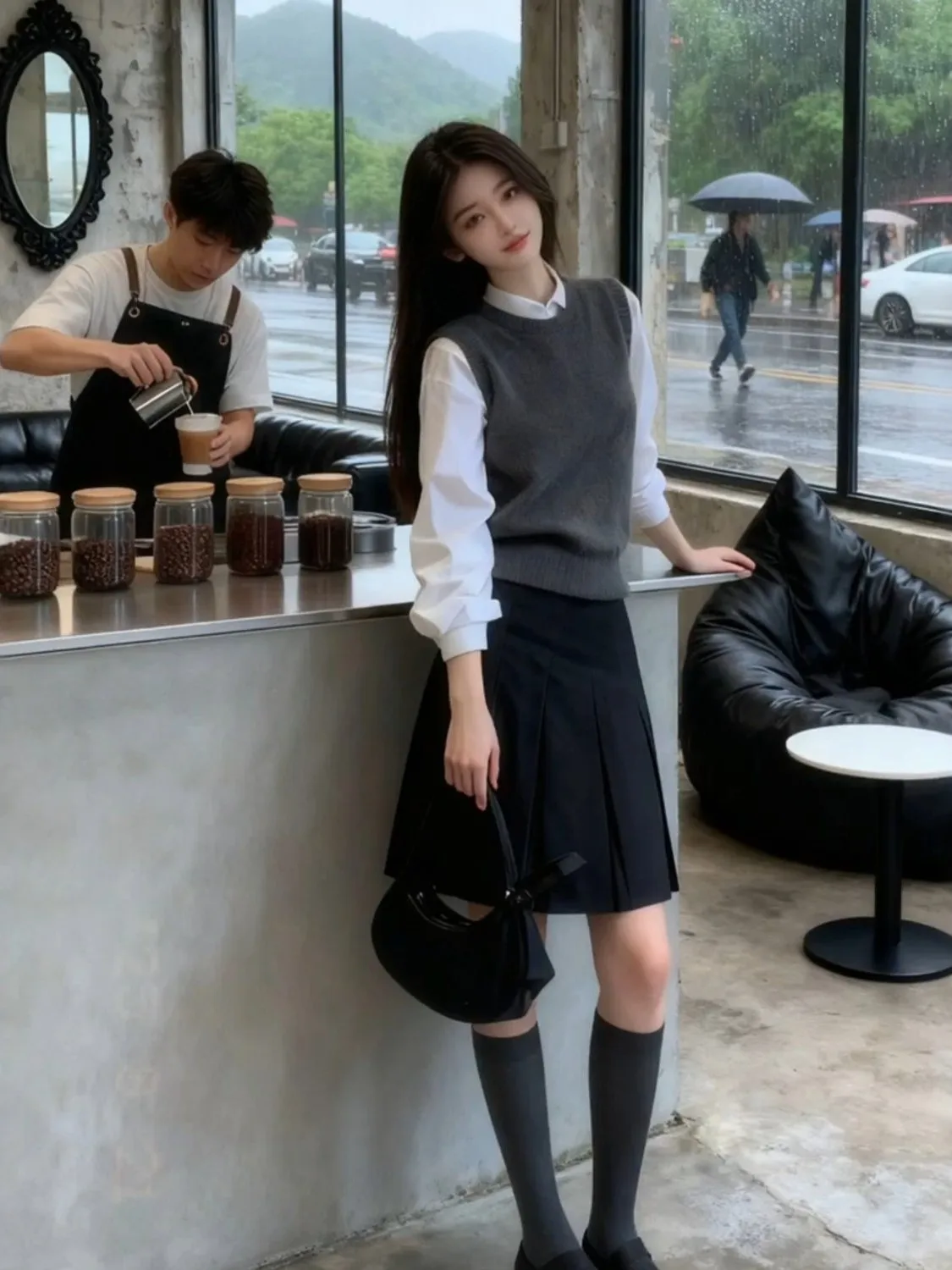 Korean Retro College Sle Women's Winter Knitted Vest irt f Skirt Tee-piece Set High Waist round Ne Long Sve Casual