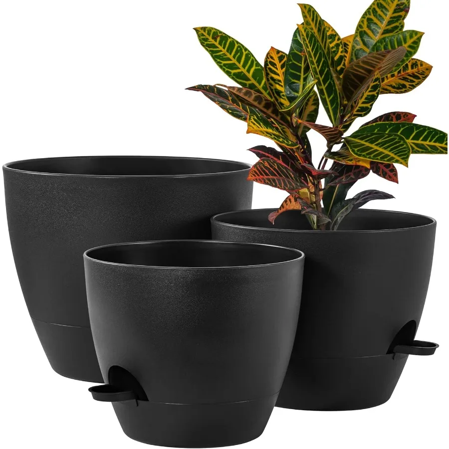 

3Pack Large Planter Pots 12 10 9 Inch Self Watering Flower Pots for Indoor Outdoor Garden Plants Black