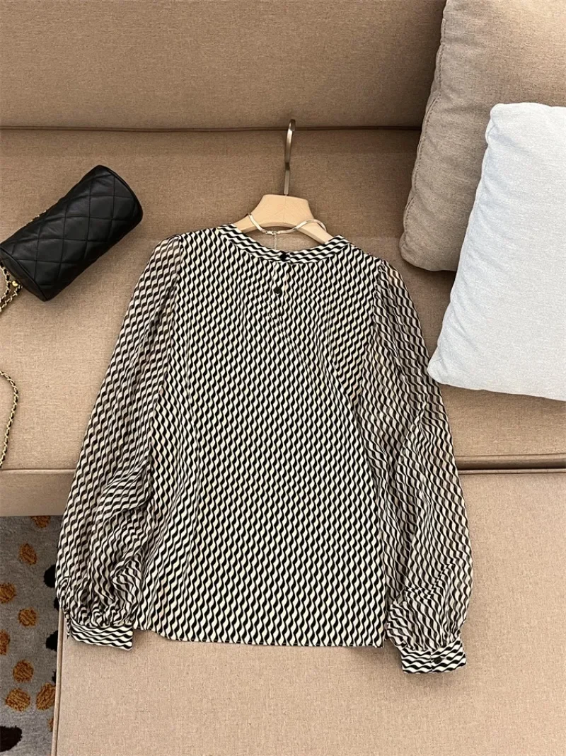 Satin Women\'s Shirt Silk Stripe Vintage Blouses Loose O-neck Spring/Summer Ladies Clothing Long Sleeves Tops