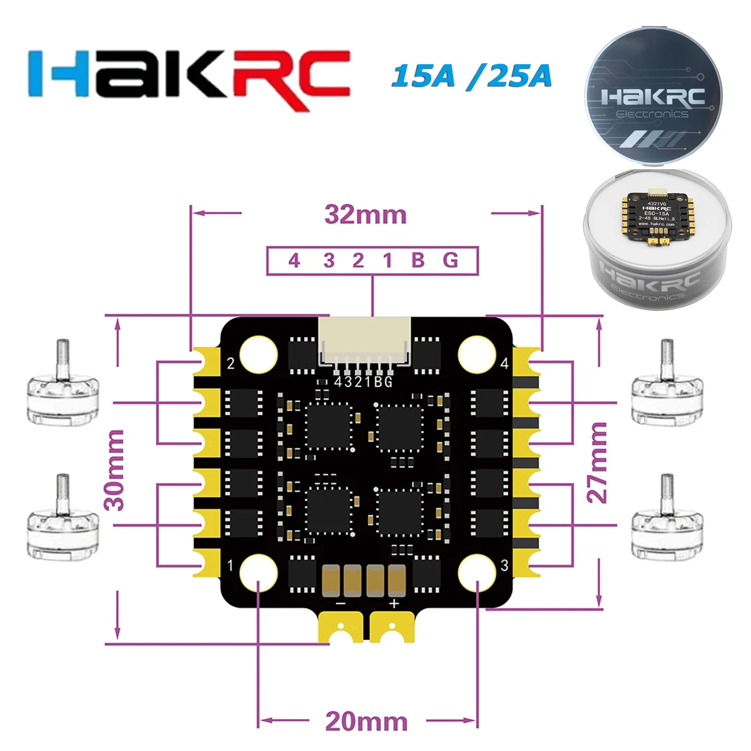 

HAKRC MINI 15A /25A 4IN1 BLHELI_S ESC 2-5S Support Dshot150/300/600 20mmx20mm For RC FPV Freestyle Racing Drone DIY Accessories