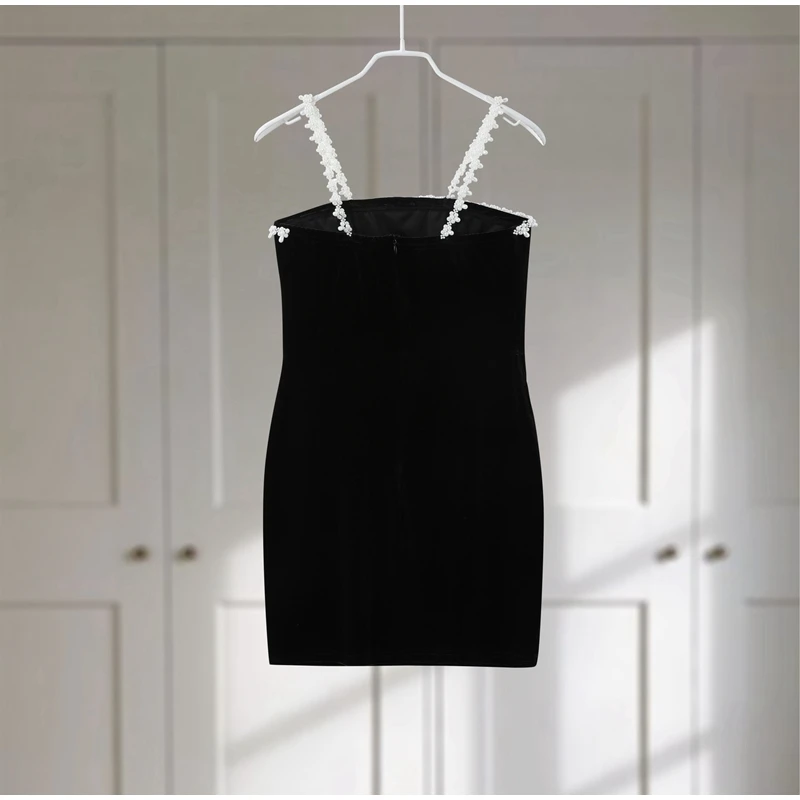 لؤلؤة المخملية فستان قصير زلة أسود الرسن مثير سليم صالح الخصر Cinched الاجتماعية حفلة ثوب مسائي المرأة فساتين قصيرة ألف خط